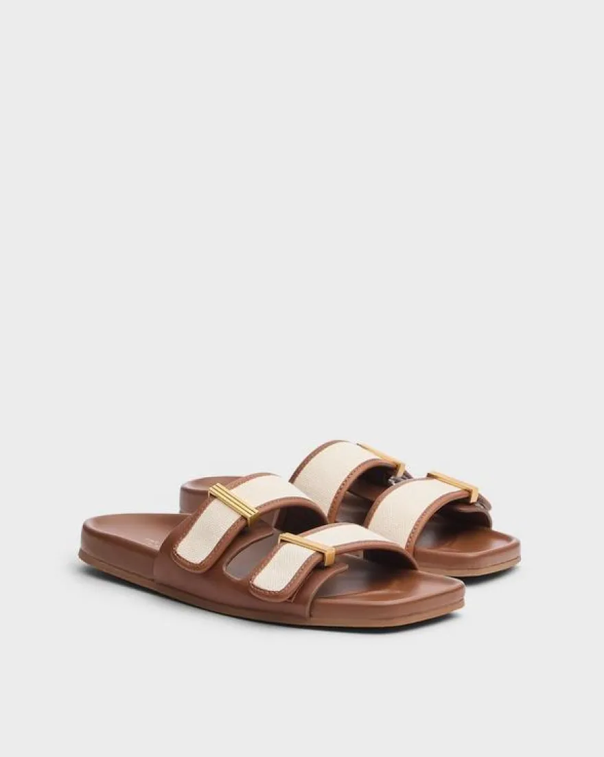 Rue Canvas-Trimmed Leather Slide